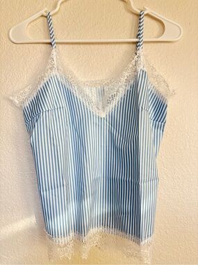 SHEIN Blue and White Stripe Lace Trim Cami